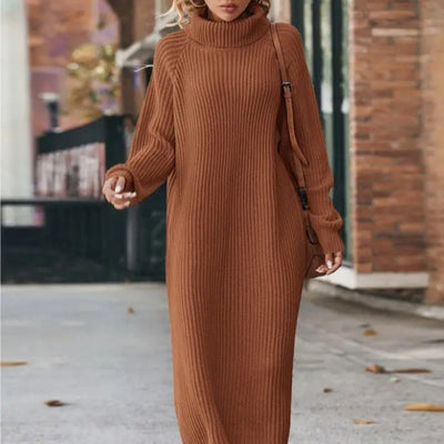 Loose Knitted Turtleneck Dress with Woolen Skirt