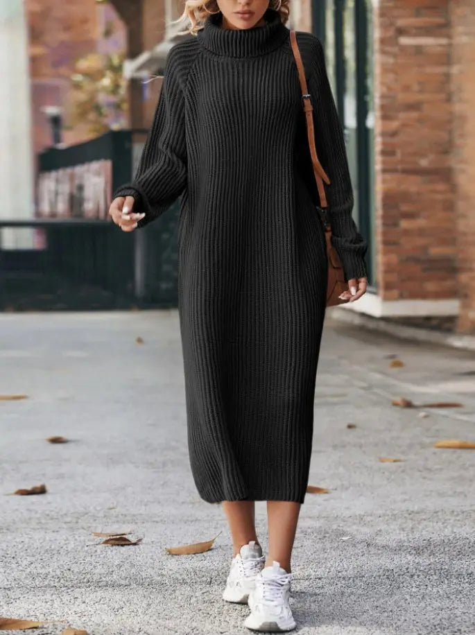 Loose Knitted Turtleneck Dress with Woolen Skirt