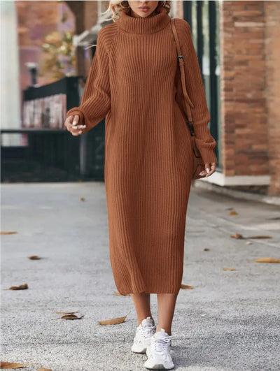 Loose Knitted Turtleneck Dress with Woolen Skirt