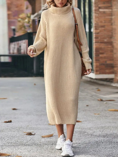 Loose Knitted Turtleneck Dress with Woolen Skirt